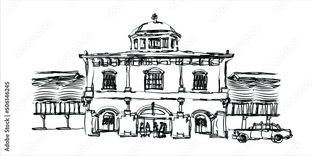 Freehand sketch of Semarang Tawang Train Station, Semarang City, Central Java, Indonesia. Vector illustration