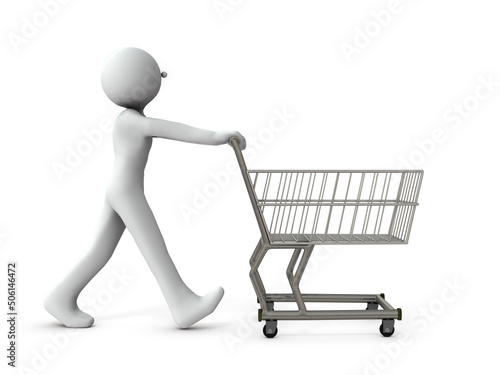 空のショッピングカートを押す顧客。買い物と備蓄。白バック。3Dレンダリング。 © CYCLONE