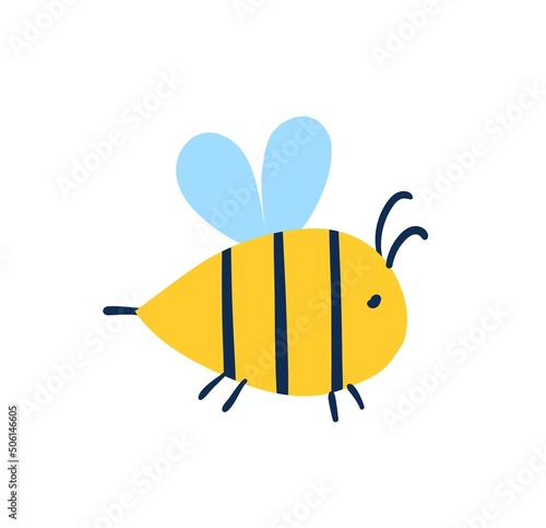 Wasp or bee icon. Cute striped bumblebee with small wings carries pollen into honeycomb and makes honey. Sticker with flying insect. Cartoon flat vector illustration isolated on white background