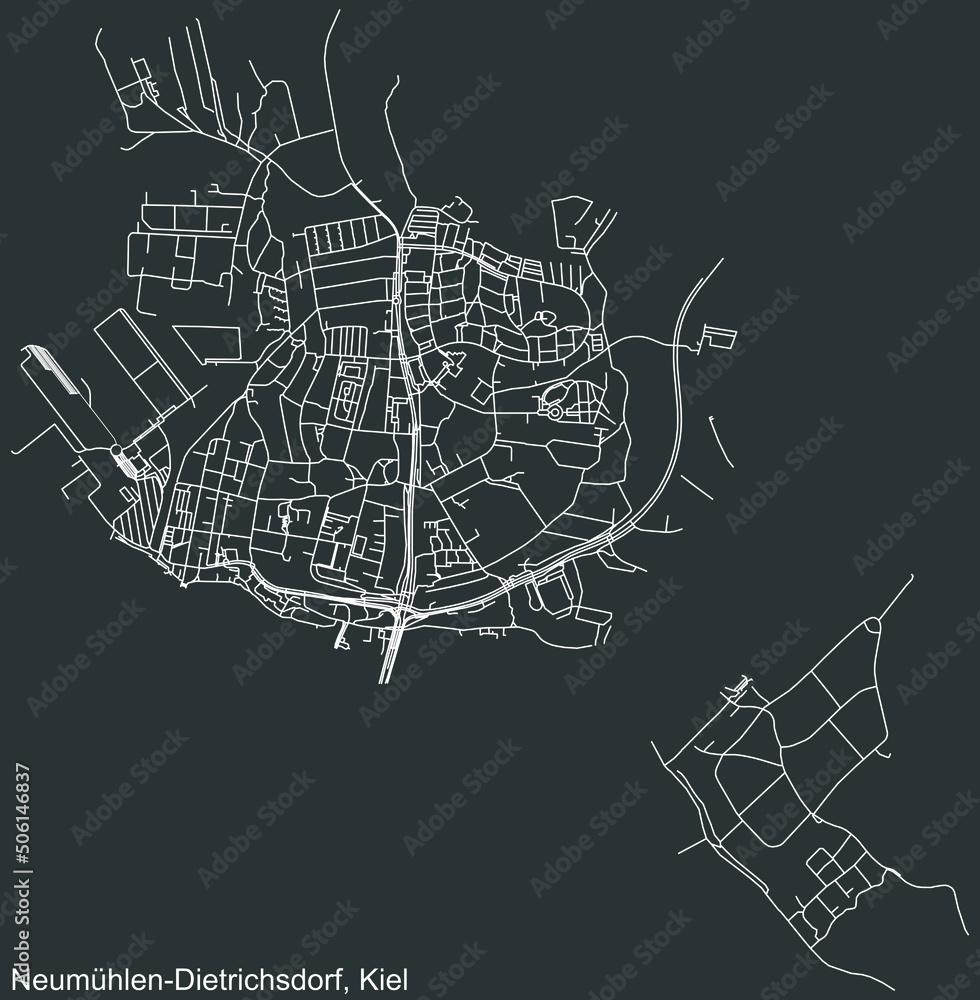 Detailed negative navigation white lines urban street roads map of the NEUMÜHLEN-DIETRICHSDORF DISTRICT of the German regional capital city of Kiel, Germany on dark gray background