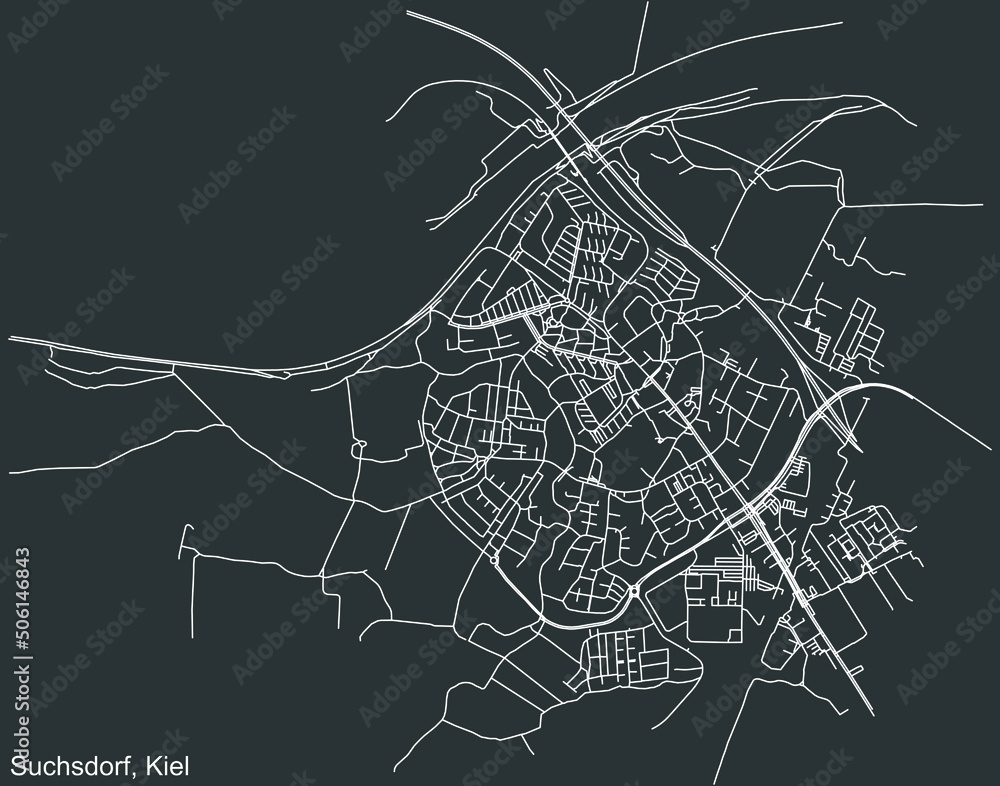 Detailed negative navigation white lines urban street roads map of the SUCHSDORF DISTRICT of the German regional capital city of Kiel, Germany on dark gray background