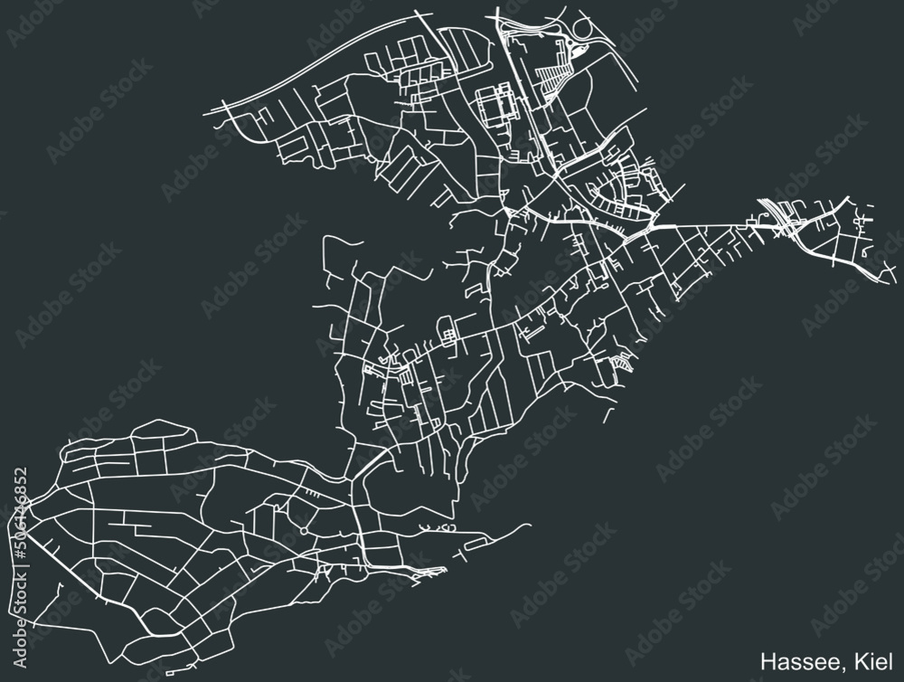 Detailed negative navigation white lines urban street roads map of the HASSEE DISTRICT of the German regional capital city of Kiel, Germany on dark gray background