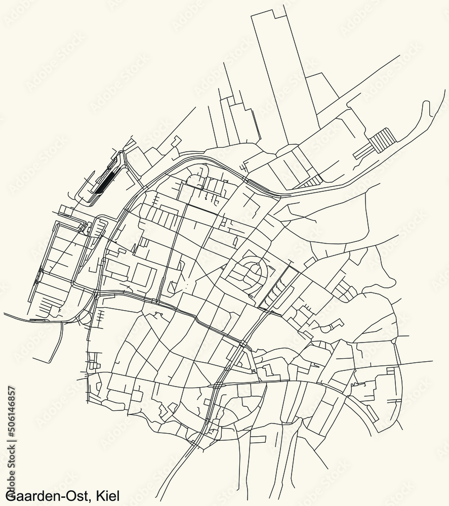 Detailed navigation black lines urban street roads map of the GAARDEN-OST DISTRICT of the German regional capital city of Kiel, Germany on vintage beige background