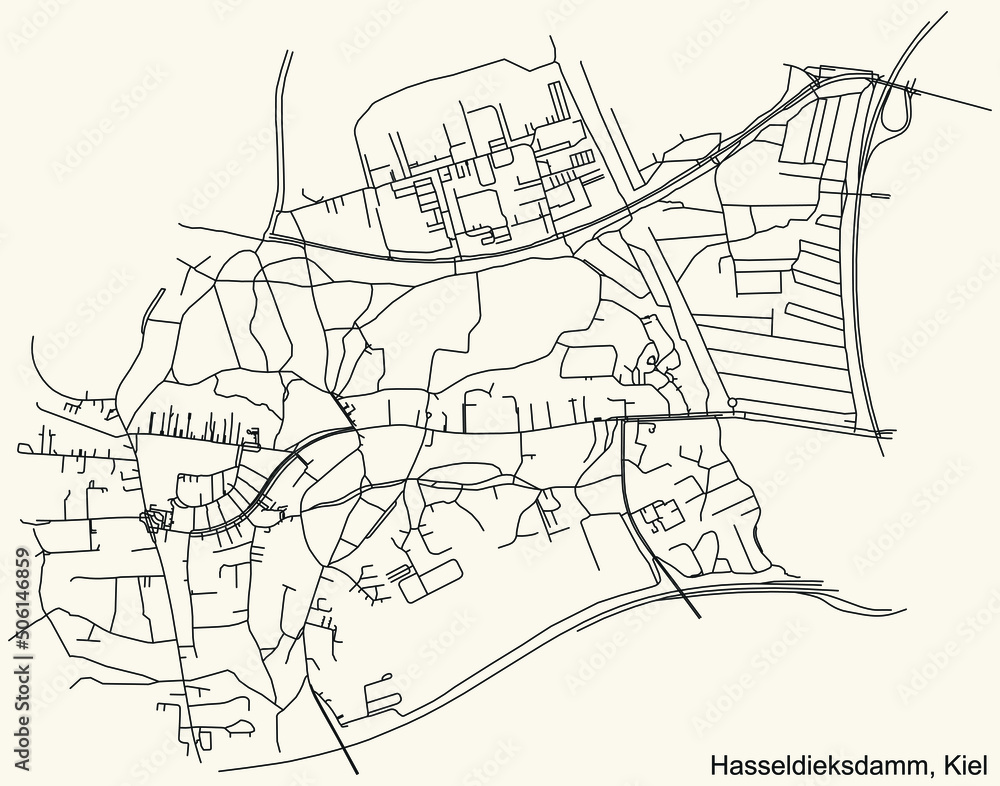 Detailed navigation black lines urban street roads map of the HASSELDIEKSDAMM DISTRICT of the German regional capital city of Kiel, Germany on vintage beige background