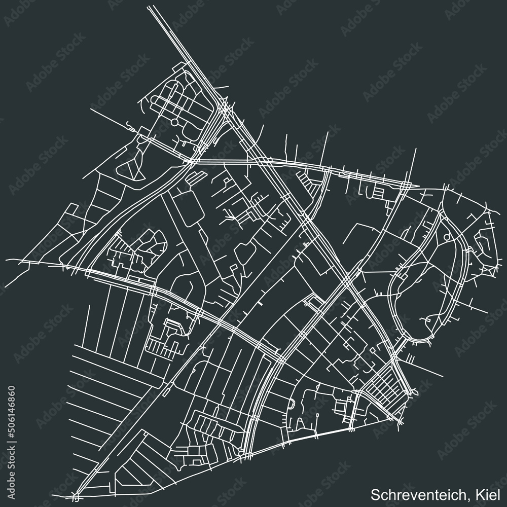 Detailed negative navigation white lines urban street roads map of the SCHREVENTEICH DISTRICT of the German regional capital city of Kiel, Germany on dark gray background