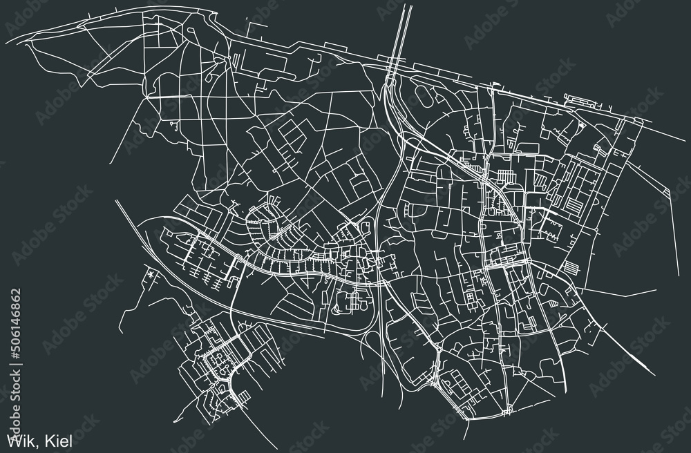 Detailed negative navigation white lines urban street roads map of the WIK DISTRICT of the German regional capital city of Kiel, Germany on dark gray background