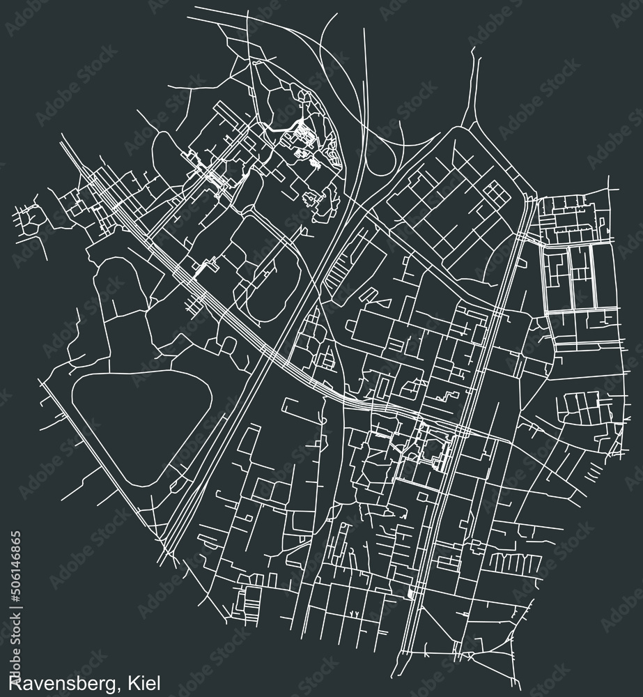 Detailed negative navigation white lines urban street roads map of the RAVENSBERG DISTRICT of the German regional capital city of Kiel, Germany on dark gray background