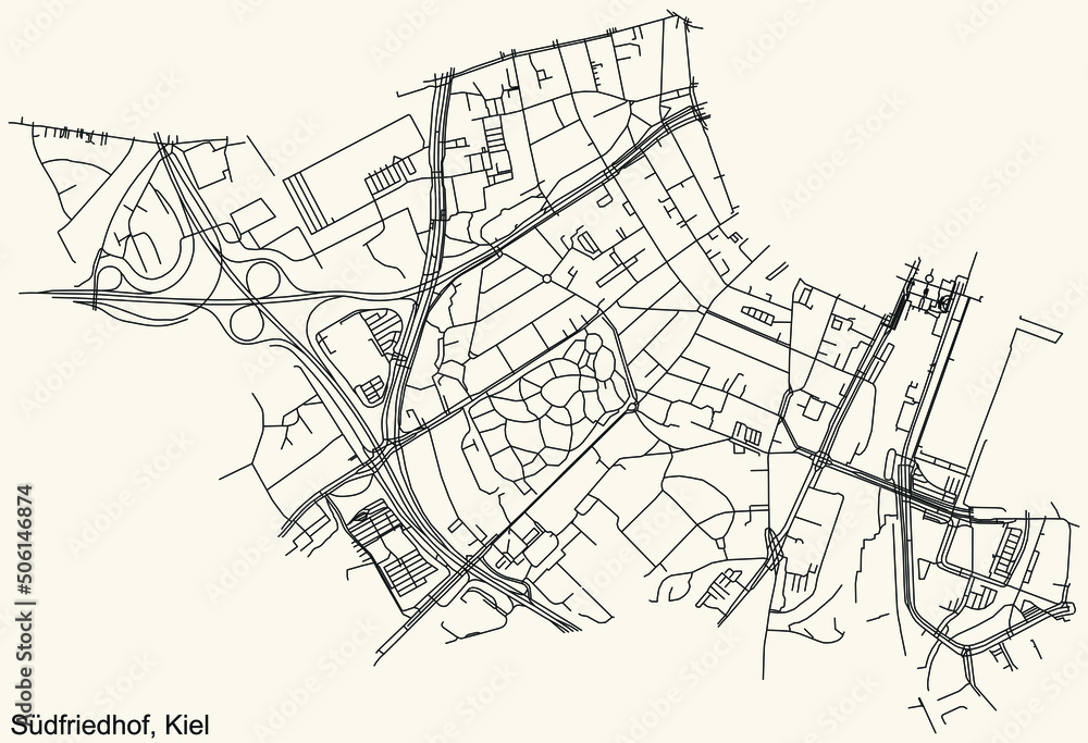 Detailed navigation black lines urban street roads map of the SÜDFRIEDHOF DISTRICT of the German regional capital city of Kiel, Germany on vintage beige background