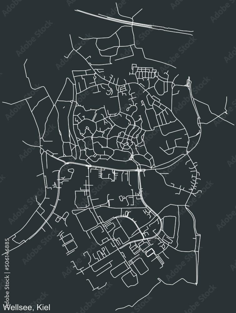 Detailed negative navigation white lines urban street roads map of the WELLSEE DISTRICT of the German regional capital city of Kiel, Germany on dark gray background