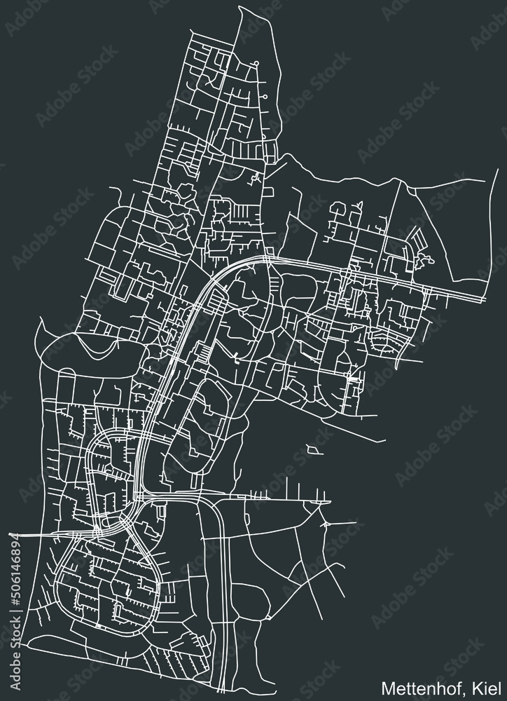 Detailed negative navigation white lines urban street roads map of the METTENHOF DISTRICT of the German regional capital city of Kiel, Germany on dark gray background Detailed negative navigation white lines urban street roads map of the METTENHOF DISTRICT of the German regional capital city of Kiel, Germany on dark gray background