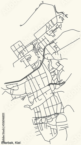 Detailed navigation black lines urban street roads map of the ELLERBEK DISTRICT of the German regional capital city of Kiel  Germany on vintage beige background