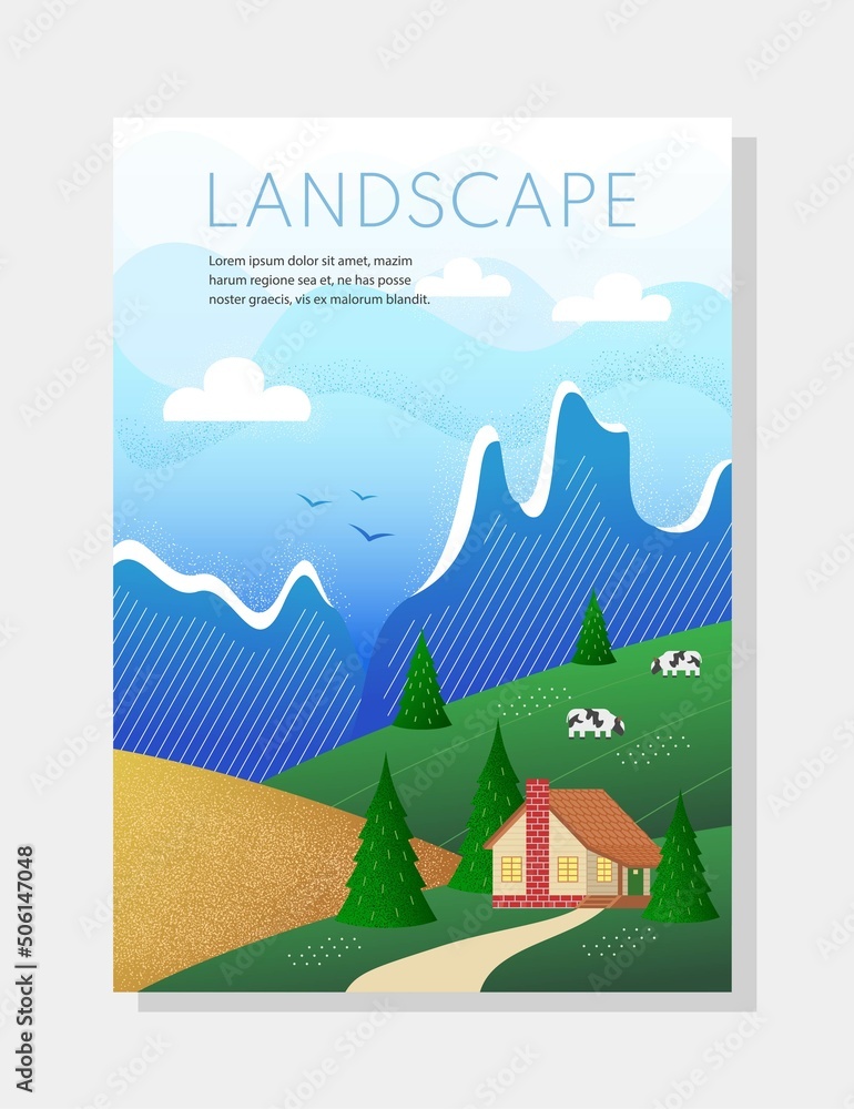 Nature and landscape concept. Summer poster with green fields, village house, mountains and cows. Design for postcards and covers. Cartoon flat vector illustration isolated on gray background