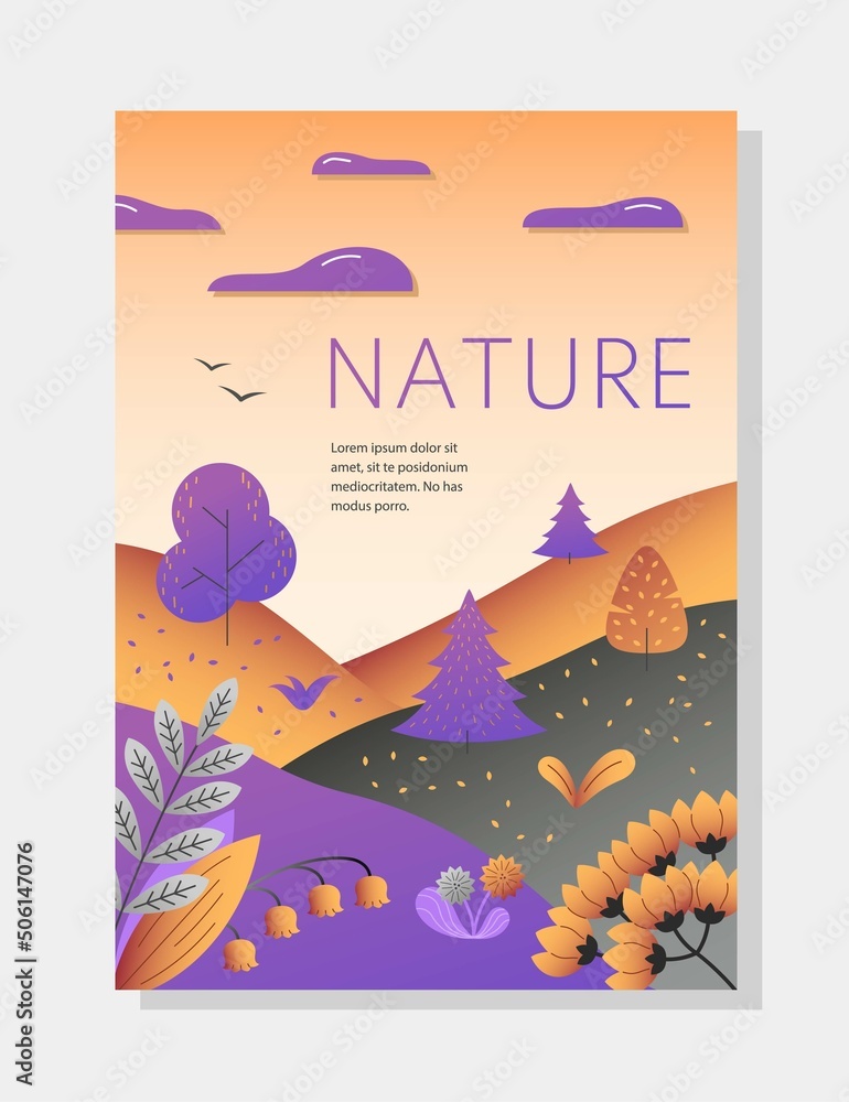 Nature and landscape concept. Colorful autumn poster with falling leaves, tree, cloudy weather and flower. Design for banner and postcard. Cartoon flat vector illustration isolated on gray background
