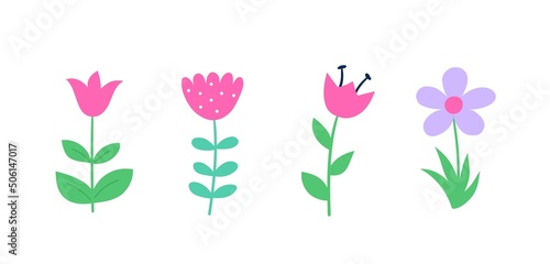 Set of beautiful flowers. Stickers with field blooming plants of various shapes. Pink Organic design Elements for postcards and printing. Cartoon flat vector collection isolated on white background
