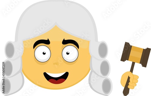 Vector illustration of the face of a yellow cartoon character with a hammer and judge wig