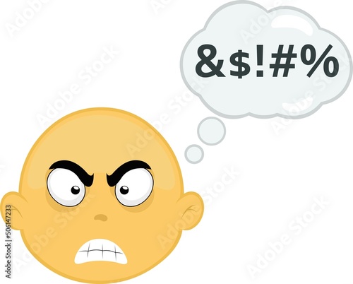 Vector illustration of the face of a yellow cartoon character with an angry expression and a cloud of thought with a text of insults