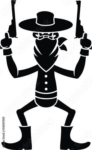 Cartoon Cowboy and Indians Highwayman Mask Pistol Gunslinger Wild West Outlaw Design Illustration Hat Cow Boy Man Shotgun Bandana Sheriff Western