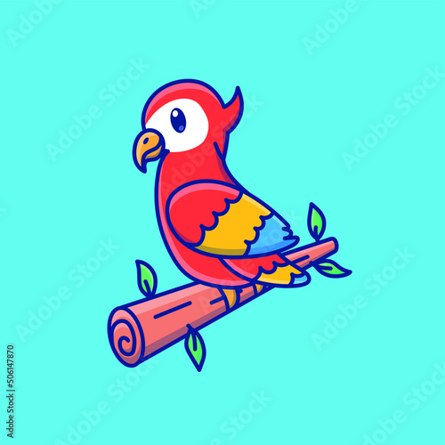 Cute cartoon parrot on a branch in vector illustration. Isolated animal vector. Flat cartoon style
