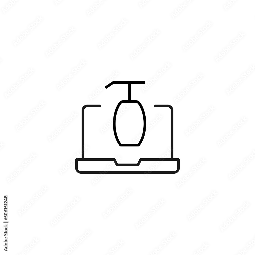 Simple black and white illustration drawn with thin line. Perfect for advertisement, internet shops, stores. Editable stroke. Vector line icon of liquid soap on laptop monitor Simple black and white illustration drawn with thin line. Perfect for advertisement, internet shops, stores. Editable stroke. Vector line icon of liquid soap on laptop monitor