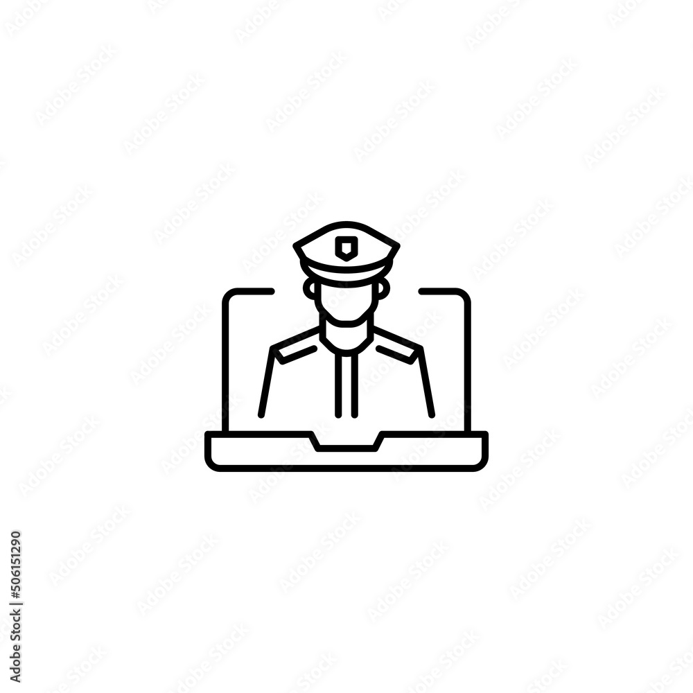 Simple black and white illustration drawn with thin line. Perfect for advertisement, internet shops, stores. Editable stroke. Vector line icon of pilot on laptop monitor