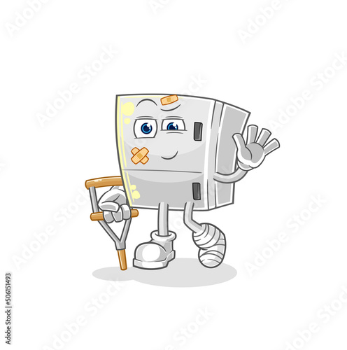 fridge sick with limping stick. cartoon mascot vector