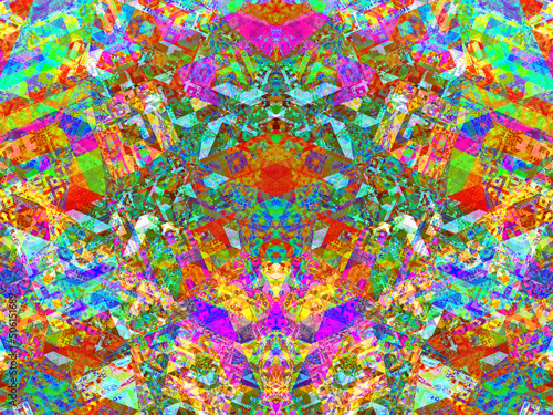 Imagen de arte abstracto digital compuesta de piezas aleatorias e irregulares formando algo parecido a un laberinto sim  trico de colores estridentes.