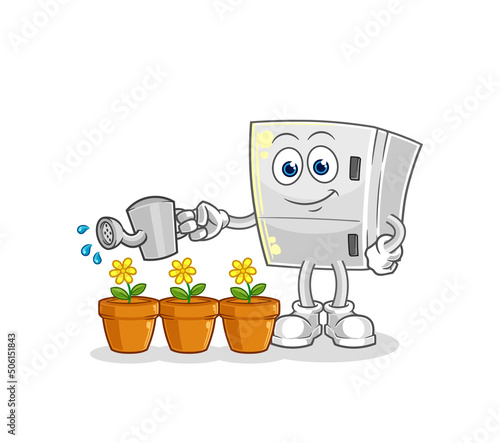 fridge watering the flowers mascot. cartoon vector