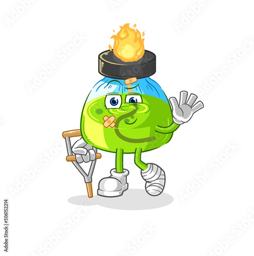 laboratory spirit lamp sick with limping stick. cartoon mascot vector