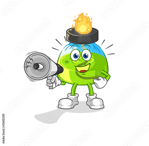 laboratory spirit lamp holding hand loudspeakers vector. cartoon character