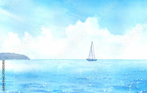 Photography Watercolor illustration of a yacht in the sea