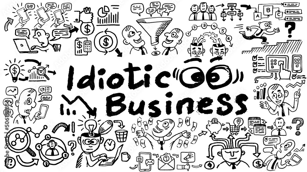 Business words and phrases typography doodle graphic with concept icons and symbols