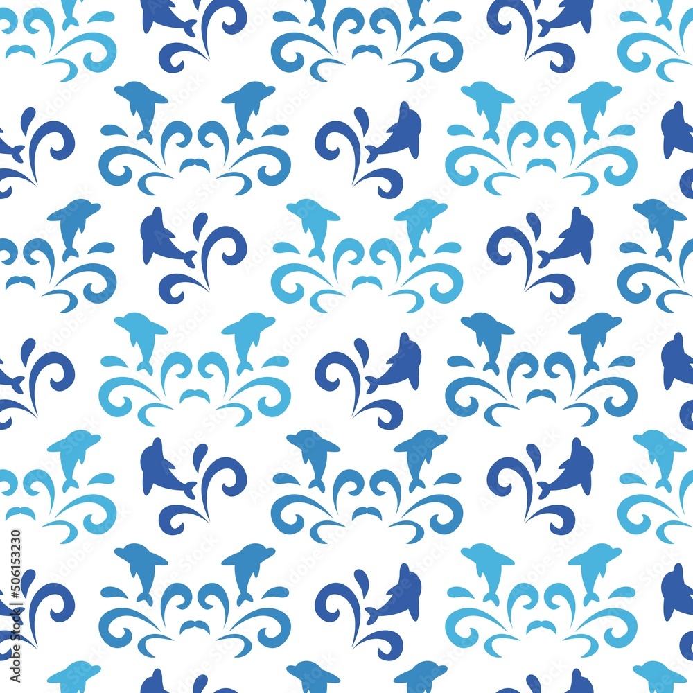 Dolphin Jumping in the Wave Vector Graphic Art Seamless Pattern