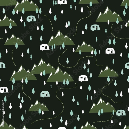 Night Summer Camper Van Vector Graphic Art Seamless Pattern