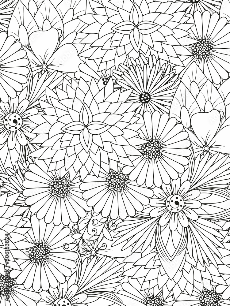 Forest flowers and leaves. Beautiful bouquet. Vector coloring book for adults and children. Hand-drawn illustration. Floral ornament is good for web, print, and stencil