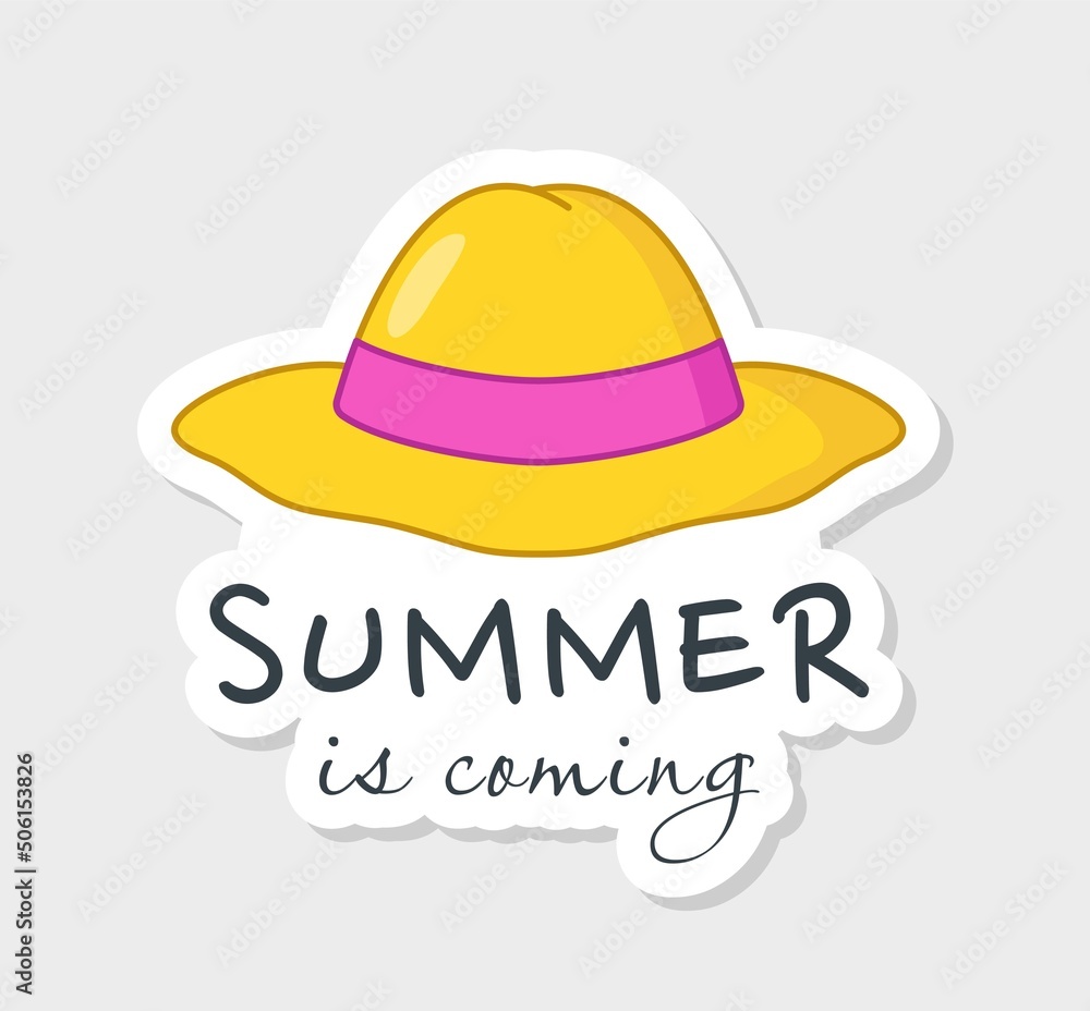 Summer holiday sticker. Icon with panama hat or headdress to protect from sun and inscription. Accessory for relaxing on beach or sea. Cartoon flat vector illustration isolated on beige background Summer holiday sticker. Icon with panama hat or headdress to protect from sun and inscription. Accessory for relaxing on beach or sea. Cartoon flat vector illustration isolated on beige background