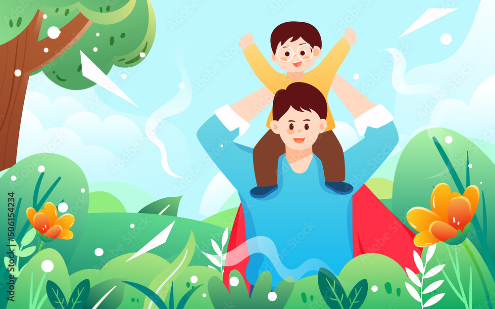 Dad wearing superman costume on fathers day, parent-child interaction, vector illustration