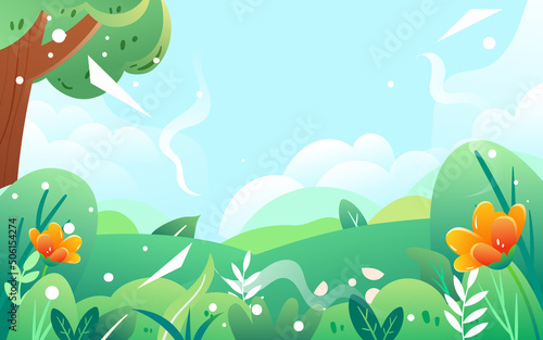 Father holding child with plants and sky in background, vector illustration
