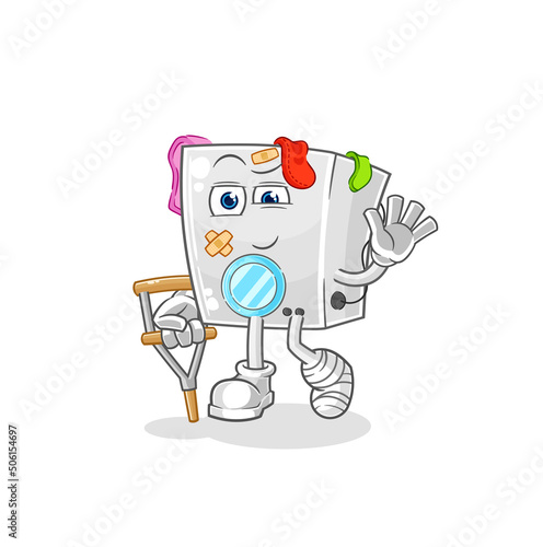 washing machine sick with limping stick. cartoon mascot vector