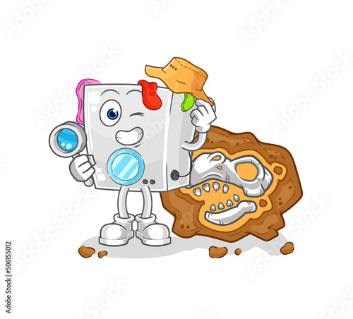 washing machine archaeologists with fossils mascot. cartoon vector