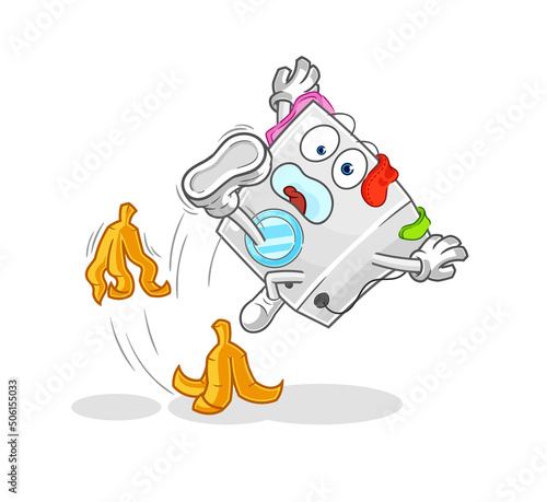 washing machine slipped on banana. cartoon mascot vector