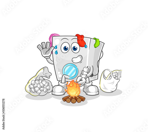 washing machine roasting marshmallows. cartoon mascot vector