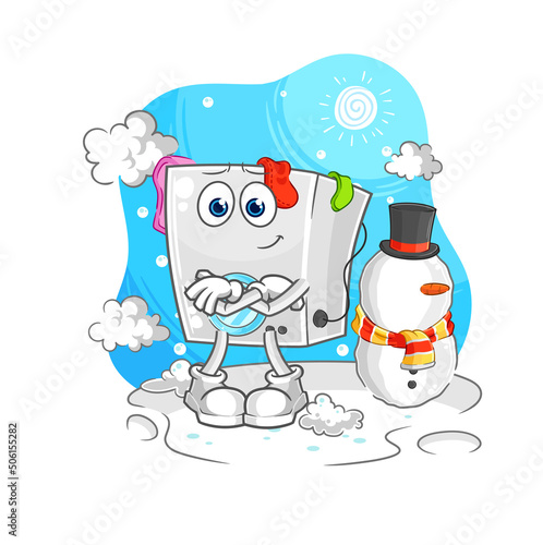 washing machine in cold winter character. cartoon mascot vector