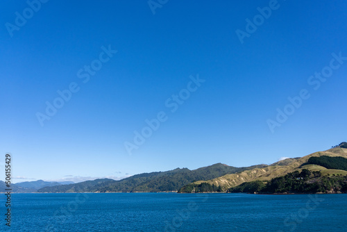 Flocks of seabirds on water below as top of South Island and Marlborough Sounds are approached by sea