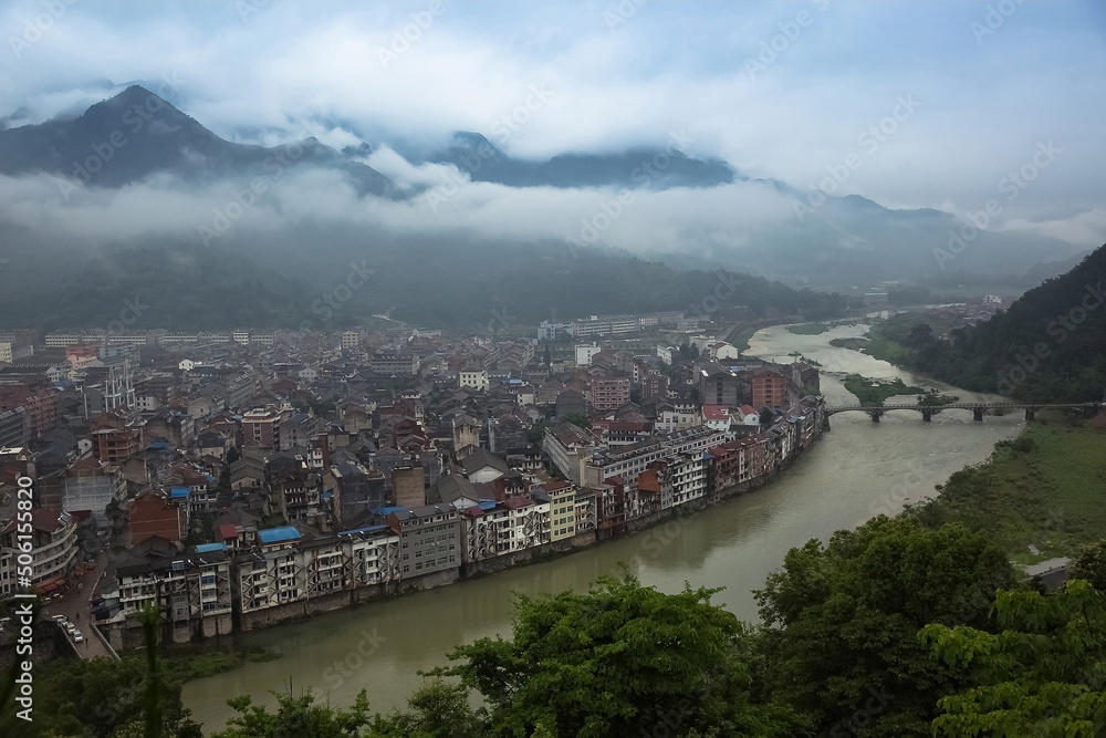 Rivers, villages and tourist scenery in mountainous areas of Zhejiang Province, China, on May 30, 2014