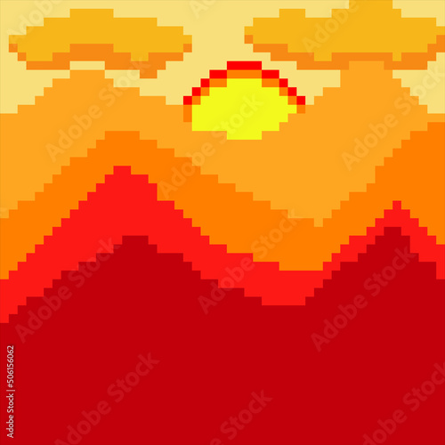 Pixel sunset in mountains. Vector illustration.