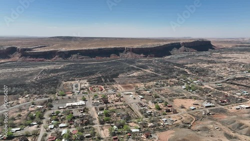 Aerial Bluff city southern Utah desert valley part 1. Southern Utah pioneer town. Settled by Mormon immigrants. Dry desolate desert with couple hundred residents. Fort built.
