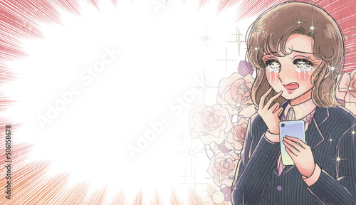 Foto 少女漫画風広告アイキャッチ素材・スマホを見て歓喜する薔薇を背負った女性