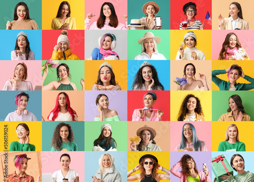 Collage with many beautiful women on colorful background