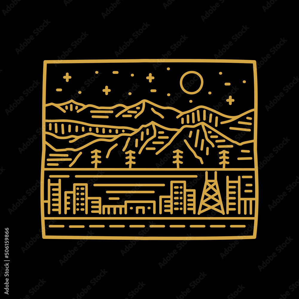 City under hill mountains nature star sky in mono line art, for t-shirt, sticker, badge, etc City under hill mountains nature star sky in mono line art, for t-shirt, sticker, badge, etc