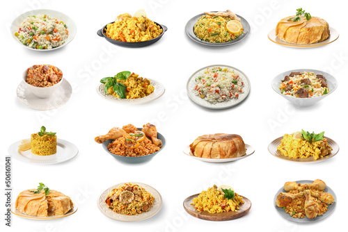 Set of tasty pilaf on white background